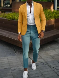 New OUKU Men's Blazer Jacket Linen Blazer Notch Collar Fashion Casual Solid Colored Dark Khaki Black Yellow Tailored Fit Single Breasted Two-buttons