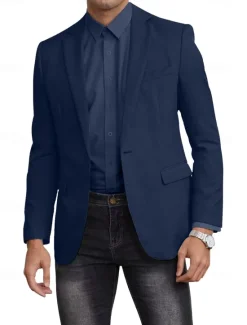 Best OUKU Men's Blazer Jacket Linen Blazer Notch Collar Fashion Casual Solid Colored Blazer Black Sky Blue Dark Blue Standard Fit Single Breasted One-button