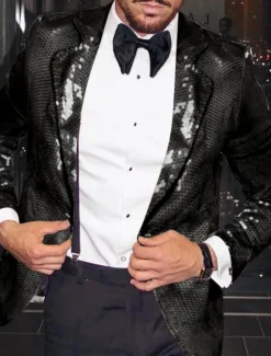 Sale OUKU Men's Blazer Jacket Notch Collar Fashion Disco Sequin Pattern Blazer Black Silver Fuchsia Tailored Fit Single Breasted One-button
