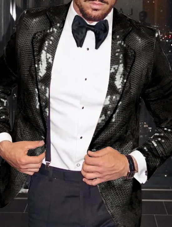 Sale OUKU Men's Blazer Jacket Notch Collar Fashion Disco Sequin Pattern Blazer Black Silver Fuchsia Tailored Fit Single Breasted One-button