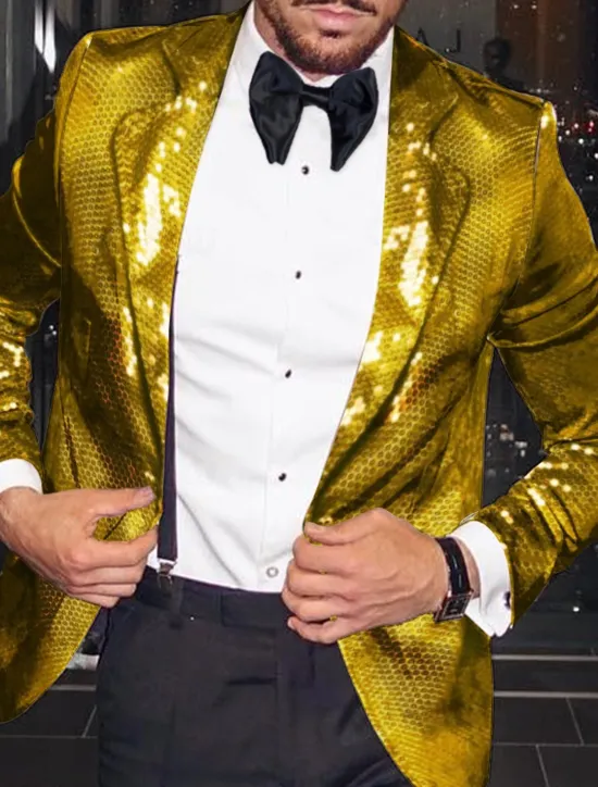 Sale OUKU Men's Blazer Jacket Notch Collar Fashion Disco Sequin Pattern Blazer Black Silver Fuchsia Tailored Fit Single Breasted One-button