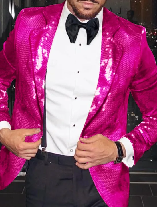 Sale OUKU Men's Blazer Jacket Notch Collar Fashion Disco Sequin Pattern Blazer Black Silver Fuchsia Tailored Fit Single Breasted One-button