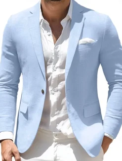 Discount OUKU Men's Blazer Jacket Office Casual Daily Fashion Daily All Seasons Polyester Solid Colored Basic Single Breasted One-button Blazer Black Navy Blue Sky Blue khaki