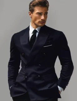Outlet OUKU Men's Blazer Jacket School Formal Wedding Elegant Neutral Fall Winter Polyester Rayon Solid Color Double Breasted Blazer Black Navy Blue