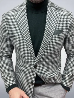 Best OUKU Men's Blazer Jacket Sport Coat Closure collar Outdoor Casual Houndstooth Checkered Black Yellow Light Green Tailored Fit Single Breasted Two-buttons
