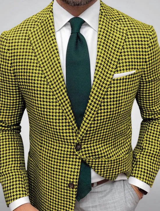 Best OUKU Men's Blazer Jacket Sport Coat Closure collar Outdoor Casual Houndstooth Checkered Black Yellow Light Green Tailored Fit Single Breasted Two-buttons
