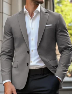 Clearance OUKU Men's Blazer Jacket Sport Coat Notch Collar Casual Solid Colored Blazer Navy Blue Brown Light Grey Standard Fit Single Breasted Two-buttons