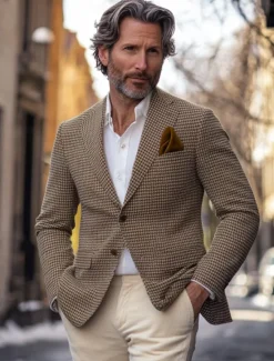 Online OUKU Men's Blazer Jacket Sport Coat Notch Collar Fashion Casual Houndstooth Blazer Tailored Fit Single Breasted Two-buttons Brown