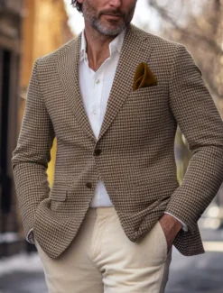 Online OUKU Men's Blazer Jacket Sport Coat Notch Collar Fashion Casual Houndstooth Blazer Tailored Fit Single Breasted Two-buttons Brown