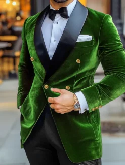 New OUKU Men's Blazer Jacket Tuxedo Shawl Collar Vintage Party Velvet Patchwork Solid Colored Blazer Burgundy Navy Blue Green Standard Fit Double Breasted Four-buttons