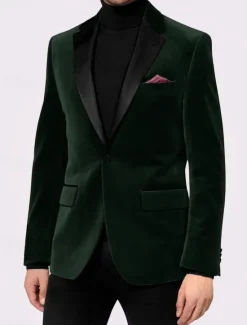 Best OUKU Men's Blazer Jacket Tuxedo Notch Collar Vintage Party Velvet Patchwork Solid Colored Blazer Burgundy Green Standard Fit