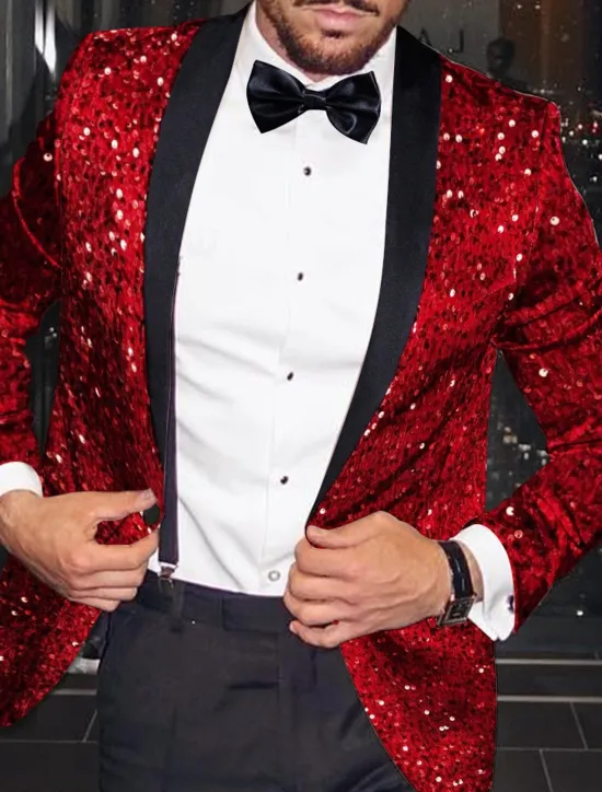 Hot OUKU Men's Blazer Jacket Tuxedo Notch Collar Fashion Disco Sequin Pattern Plus Size Single Breasted One-button Red