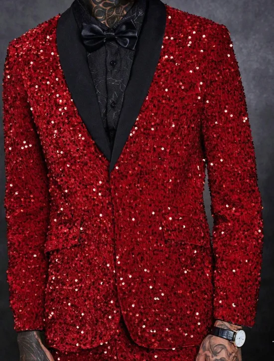 Hot OUKU Men's Blazer Jacket Tuxedo Notch Collar Fashion Disco Sequin Pattern Plus Size Single Breasted One-button Red