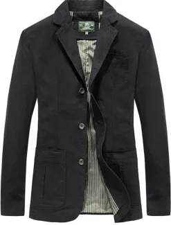 Clearance OUKU Men's Blazer Jacket Work Business Classic & Timeless Spring Fall Polyester / Cotton Solid Color Formal Style Windproof Buttoned Front Blazer Black Green Khaki
