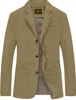 Clearance OUKU Men's Blazer Jacket Work Business Classic & Timeless Spring Fall Polyester / Cotton Solid Color Formal Style Windproof Buttoned Front Blazer Black Green Khaki
