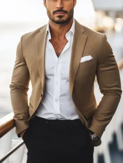 Online OUKU Men's Blazer Jacket Work Casual Daily Fashion Casual All Seasons Polyester Solid Colored Basic Single Breasted One-button Blazer Brown khaki