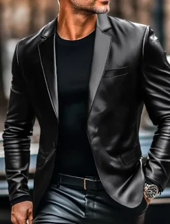 OUKU Men's Blazer Office Work Street Pocket Fashion Casual Spring & Fall Polyester Faux Leather Plain Pocket Casual / Daily Single Breasted Blazer Black