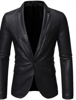 OUKU Men's Blazer Office Work Street Pocket Fashion Casual Spring & Fall Polyester Faux Leather Plain Pocket Casual / Daily Single Breasted Blazer Black