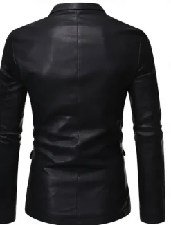 Hot OUKU Men's Blazer Office Work Street Pocket Fashion Casual Spring & Fall Polyester Faux Leather Plain Pocket Casual / Daily Single Breasted Blazer Black