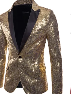 Clearance OUKU Men's Blazer Performance Cocktail Party Punk Fashion Spring Fall Sequin Solid Color Pocket Shining Single Breasted One-button Blazer Silver Black Red Blue