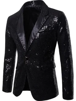 Clearance OUKU Men's Blazer Performance Cocktail Party Punk Fashion Spring Fall Sequin Solid Color Pocket Shining Single Breasted One-button Blazer Silver Black Red Blue