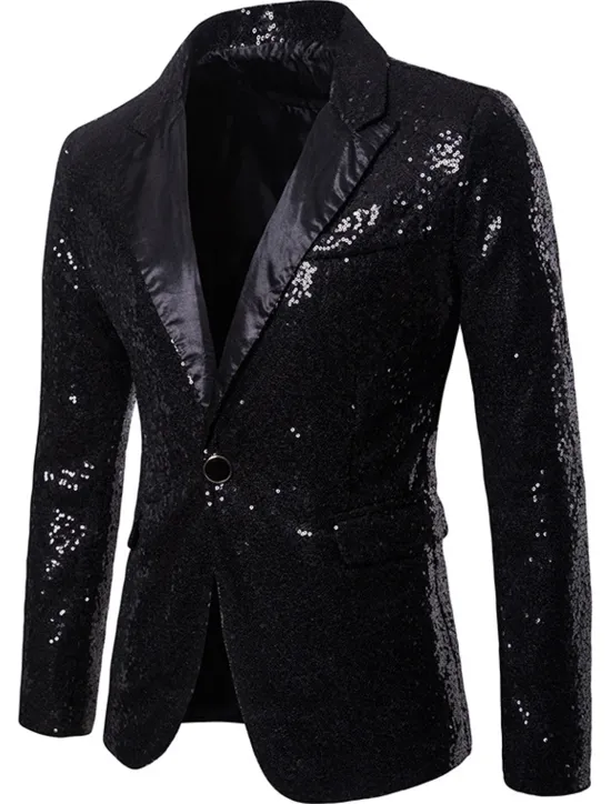 Clearance OUKU Men's Blazer Performance Cocktail Party Punk Fashion Spring Fall Sequin Solid Color Pocket Shining Single Breasted One-button Blazer Silver Black Red Blue