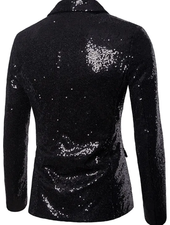 Clearance OUKU Men's Blazer Performance Cocktail Party Punk Fashion Spring Fall Sequin Solid Color Pocket Shining Single Breasted One-button Blazer Silver Black Red Blue