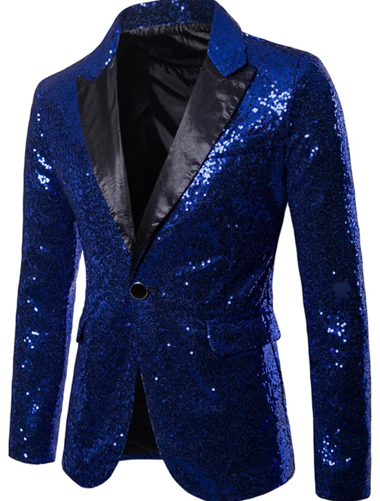 Clearance OUKU Men's Blazer Performance Cocktail Party Punk Fashion Spring Fall Sequin Solid Color Pocket Shining Single Breasted One-button Blazer Silver Black Red Blue