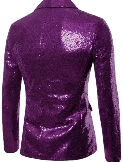 Clearance OUKU Men's Blazer Performance Cocktail Party Punk Fashion Spring Fall Sequin Solid Color Pocket Shining Single Breasted One-button Blazer Silver Black Red Blue