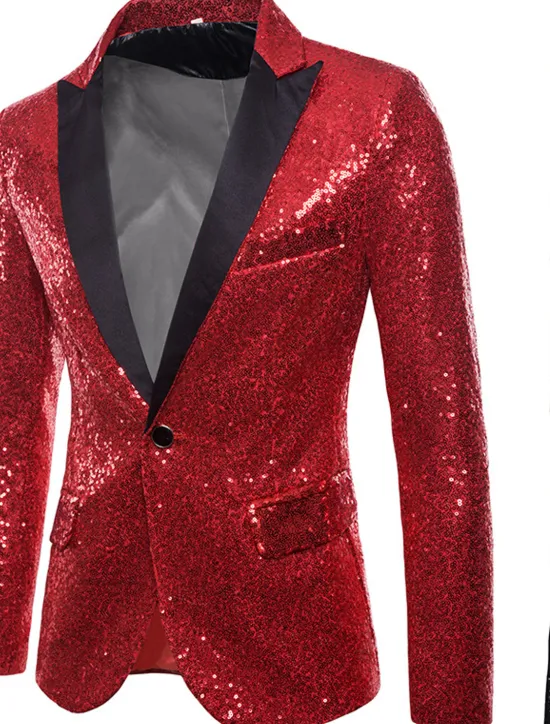 Clearance OUKU Men's Blazer Performance Cocktail Party Punk Fashion Spring Fall Sequin Solid Color Pocket Shining Single Breasted One-button Blazer Silver Black Red Blue