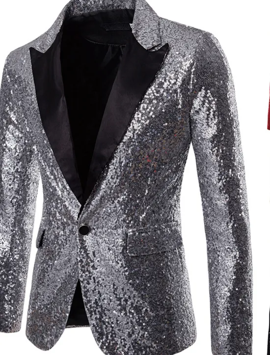 Clearance OUKU Men's Blazer Performance Cocktail Party Punk Fashion Spring Fall Sequin Solid Color Pocket Shining Single Breasted One-button Blazer Silver Black Red Blue