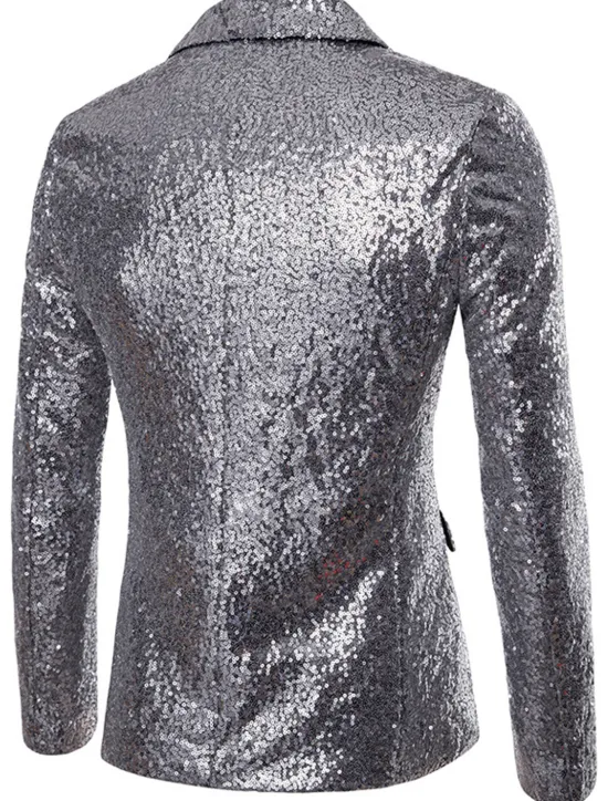 Clearance OUKU Men's Blazer Performance Cocktail Party Punk Fashion Spring Fall Sequin Solid Color Pocket Shining Single Breasted One-button Blazer Silver Black Red Blue