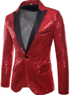 Clearance OUKU Men's Blazer Performance Cocktail Party Punk Fashion Spring Fall Sequin Solid Color Pocket Shining Single Breasted One-button Blazer Silver Black Red Blue