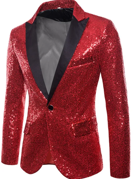 Clearance OUKU Men's Blazer Performance Cocktail Party Punk Fashion Spring Fall Sequin Solid Color Pocket Shining Single Breasted One-button Blazer Silver Black Red Blue