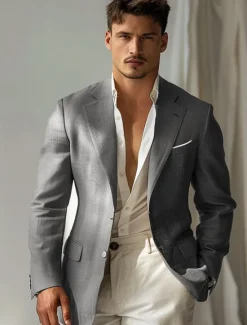 Best OUKU Men's Blazer School Formal Wedding Lined Daily Party Spring & Fall Autumn / Fall Polyester Solid Color Button Pocket Thermal Warm Comfy Double Breasted Blazer Purple Gray