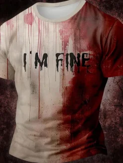 Outlet OUKU Men's Blood stains T Shirt Short Sleeve T shirt 3D Print Crew Neck Shirt Designer Gothic Party Street Casual Red Khaki Summer Spring Clothing Apparel S M L XL XXL XXXL