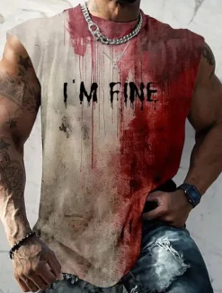 Best OUKU Men's Blood stains T Shirt Sleeveless T shirt 3D Print Crew Neck Shirt Fashion Daily Party Street Summer Spring Clothing Apparel S M L XL XXL XXXL Khaki