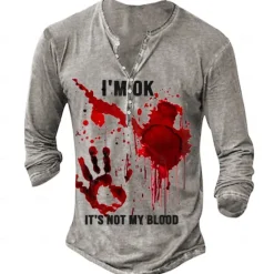 Hot OUKU Men's Blood stains T shirt Henley Shirt Long Sleeve 3D Print Designer Retro Vintage Street Casual Daily Summer Spring Fall Henley Henley T-Shirt Gray