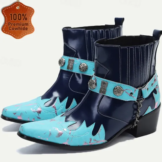Discount OUKU Men's and Turquoise Leather Motorcycle Boots – Western Style Ankle Boots with Silver Buckle Detailing for Bold Fashion Blue