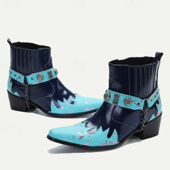 Discount OUKU Men's and Turquoise Leather Motorcycle Boots – Western Style Ankle Boots with Silver Buckle Detailing for Bold Fashion Blue