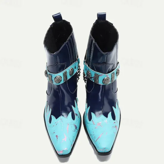 Discount OUKU Men's and Turquoise Leather Motorcycle Boots – Western Style Ankle Boots with Silver Buckle Detailing for Bold Fashion Blue
