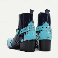 Discount OUKU Men's and Turquoise Leather Motorcycle Boots – Western Style Ankle Boots with Silver Buckle Detailing for Bold Fashion Blue