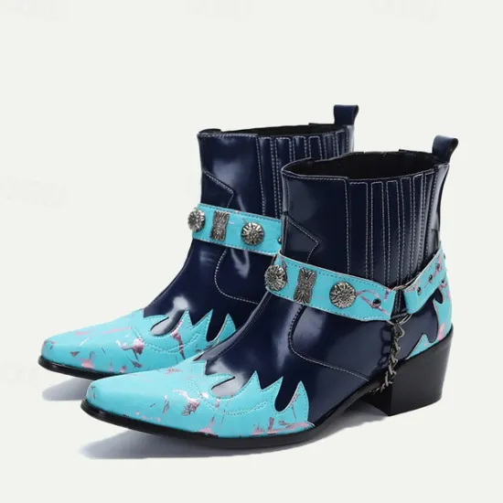 Discount OUKU Men's and Turquoise Leather Motorcycle Boots – Western Style Ankle Boots with Silver Buckle Detailing for Bold Fashion Blue