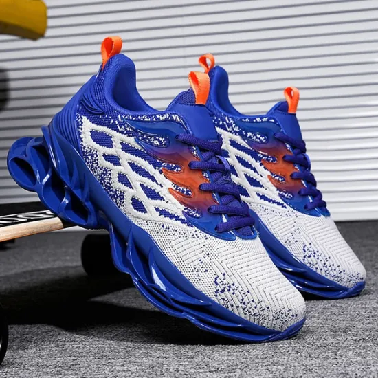 Hot OUKU Men's Blue Athletic Sneakers with Unique Hollow Sole Design, Breathable Knit Upper, and Flame Detail – Lightweight Running Shoes with Orange Accents