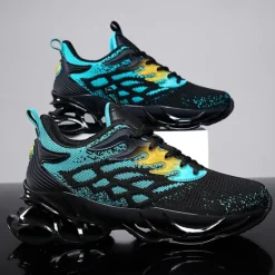 Hot OUKU Men's Blue Athletic Sneakers with Unique Hollow Sole Design, Breathable Knit Upper, and Flame Detail – Lightweight Running Shoes with Orange Accents
