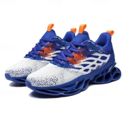 Hot OUKU Men's Blue Athletic Sneakers with Unique Hollow Sole Design, Breathable Knit Upper, and Flame Detail – Lightweight Running Shoes with Orange Accents