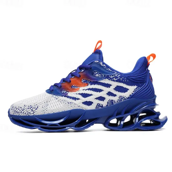 Hot OUKU Men's Blue Athletic Sneakers with Unique Hollow Sole Design, Breathable Knit Upper, and Flame Detail – Lightweight Running Shoes with Orange Accents
