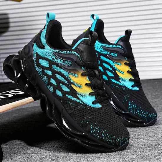 Hot OUKU Men's Blue Athletic Sneakers with Unique Hollow Sole Design, Breathable Knit Upper, and Flame Detail – Lightweight Running Shoes with Orange Accents