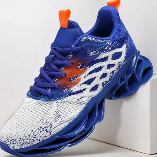 Hot OUKU Men's Blue Athletic Sneakers with Unique Hollow Sole Design, Breathable Knit Upper, and Flame Detail – Lightweight Running Shoes with Orange Accents