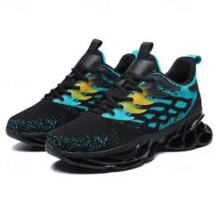 Hot OUKU Men's Blue Athletic Sneakers with Unique Hollow Sole Design, Breathable Knit Upper, and Flame Detail – Lightweight Running Shoes with Orange Accents